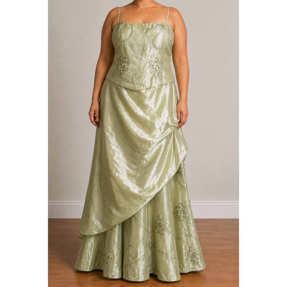 Embellished Satin Evening Gown Maxi Dress 3X Green Square Neck Ruching